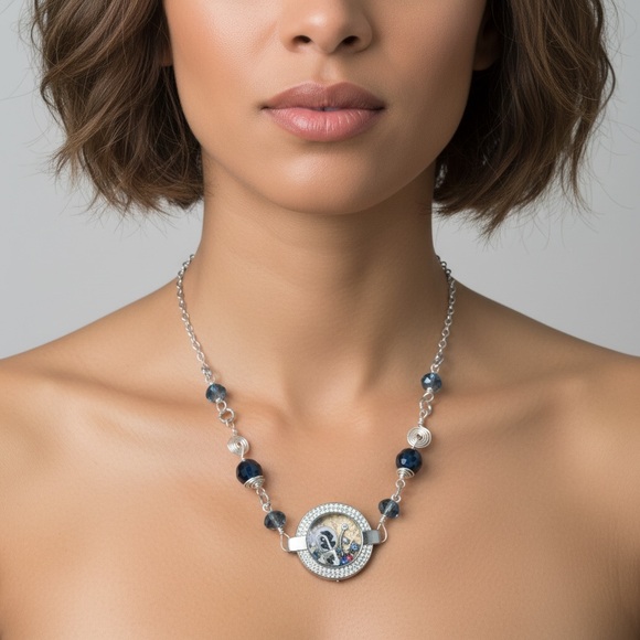 Artisan Jewelry - Floating Memory Pendant Upcycled Watch Shell Cameo Swarovski Crystals Necklace
